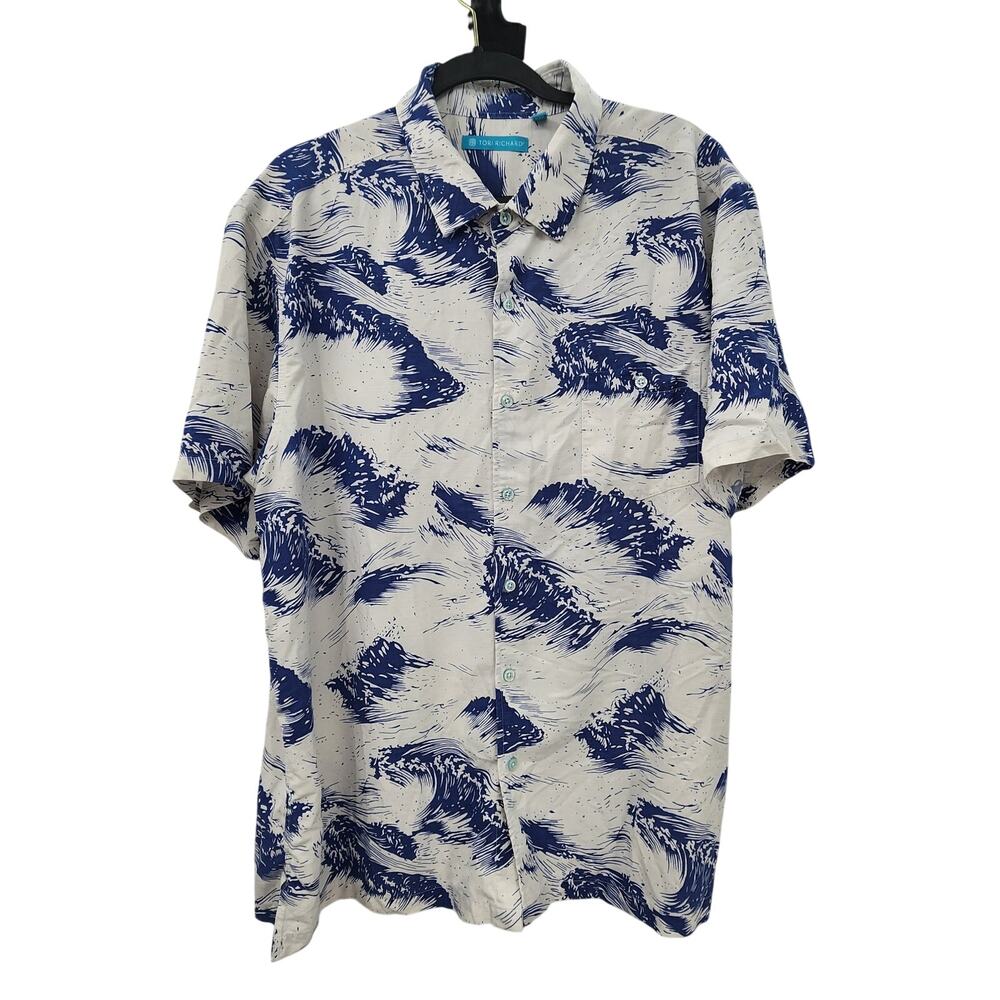 Men's Tori Richard Wave Print Short Sleeve Button Up White Blue Size XL